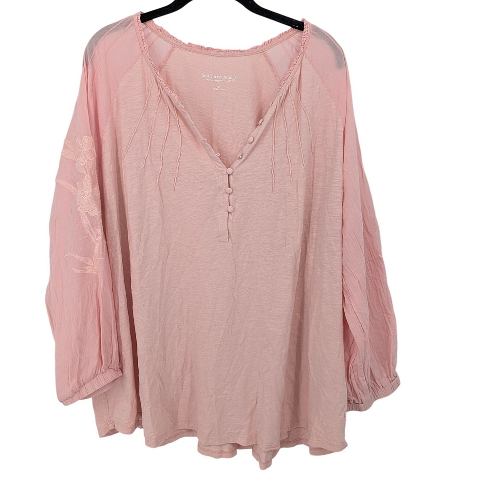 Soft Surroundings Top Women 3X Pink Embroidered Henley Boho Cotton Modal Peasant